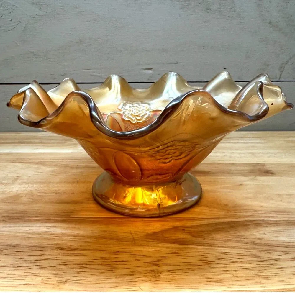 Antique Dugan Carnival Glass Pedestal Bowl in Marigold Double Stem Rose Pattern